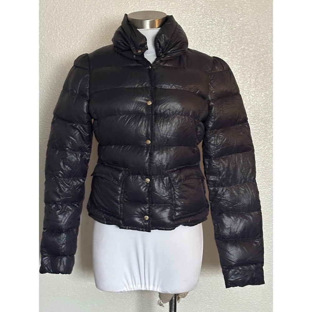 ADD Quilted Goose Down Puffer Crop Jacket Women 6 Black‎ Short Snap Funnel Neck